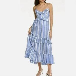 CINQ A SEPT Addy Ruffled Midi Dress White & Blue, Size 6